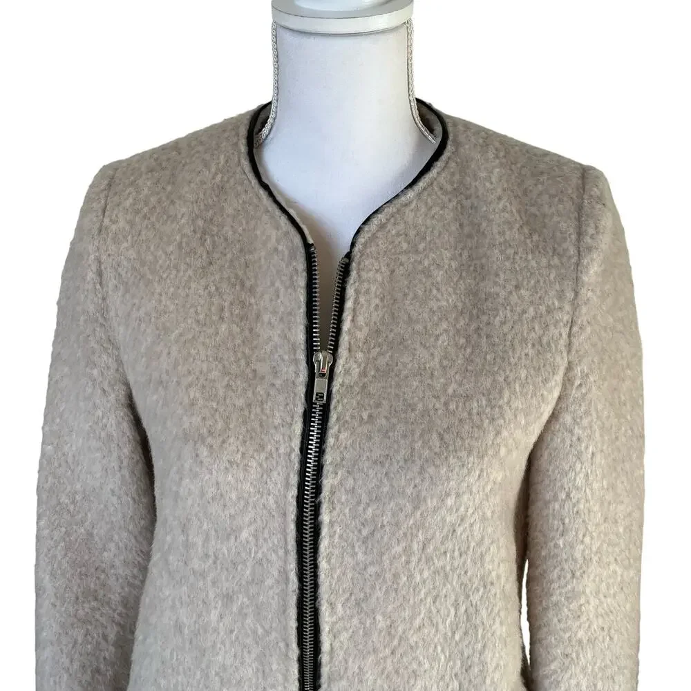Forever 21 Jacket Size M Ivory Black Trim Full Zip Furry Fuzzy Teddy Longline